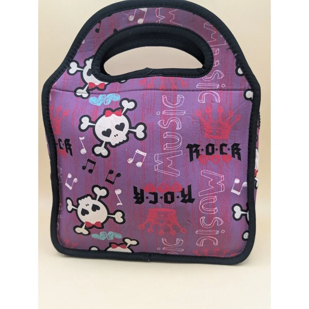 Insulated Neoprene Lunch Bag Tote Punk Rock Music Skull Crossbones Purple Pink